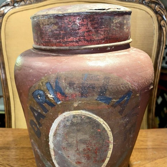 Antique ‘20s English Hand-Painted Ironstone Tobacco Jar W Metal Lid (Repaired)